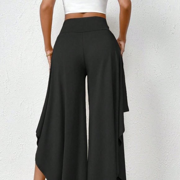 Black Preppy Womens High Waist Asymmetrical Hem Wide Leg Pants - Picture 2 of 5